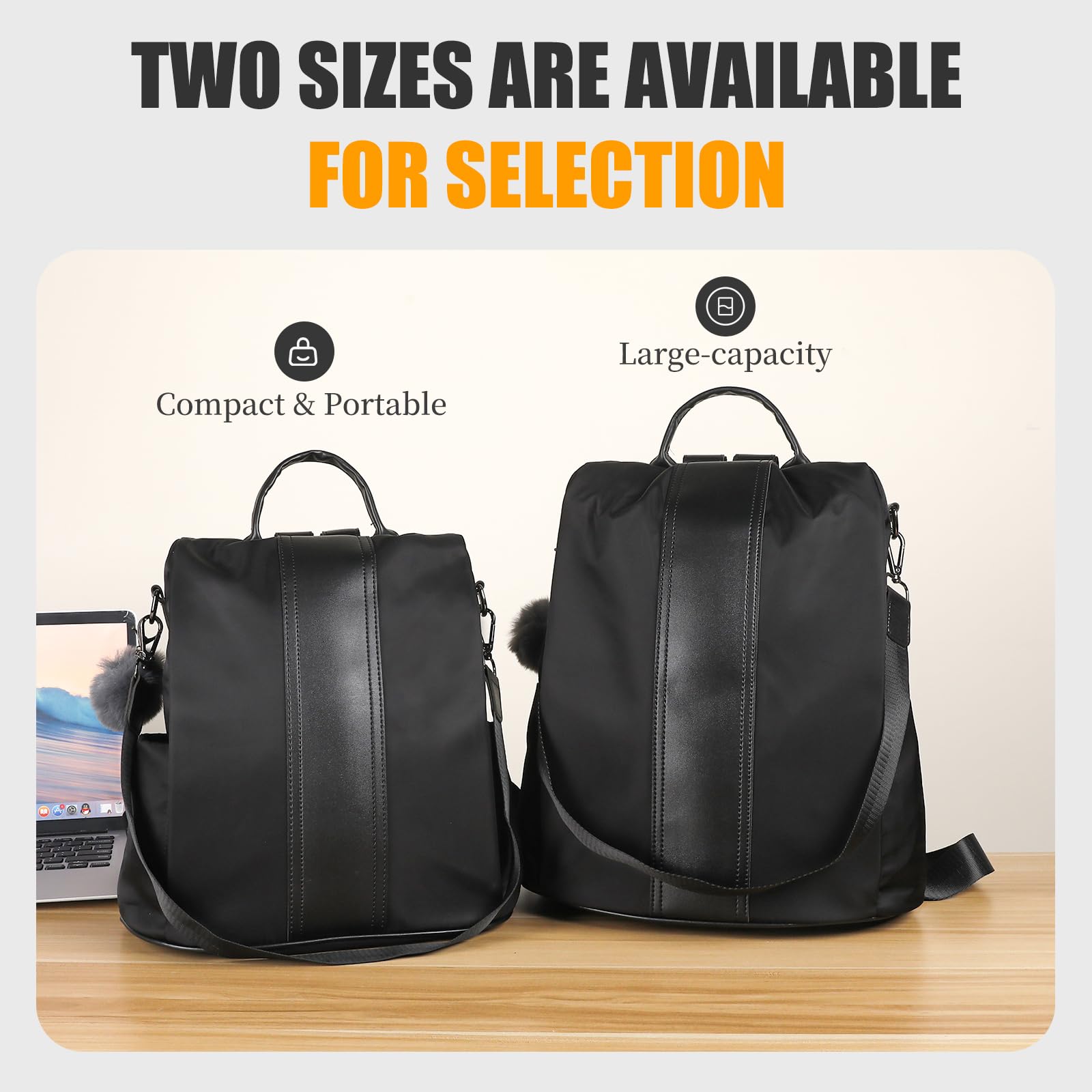 PINCNEL Women’s Anti-Theft Backpack Purse – Waterproof Nylon & PU Leather Lightweight Travel Rucksack with Adjustable Straps (Black)