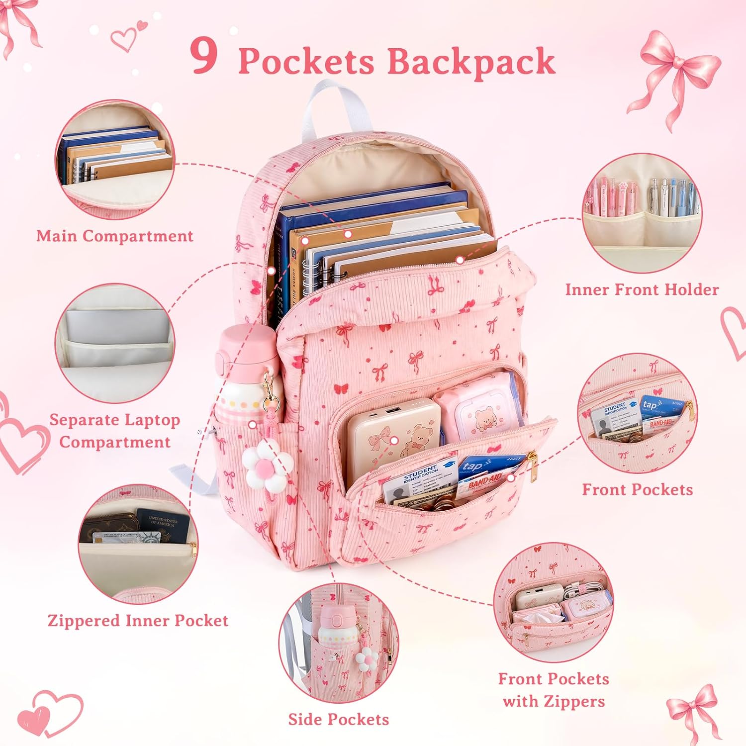 Pink Bow Corduroy Backpack Set with Lunch Bag