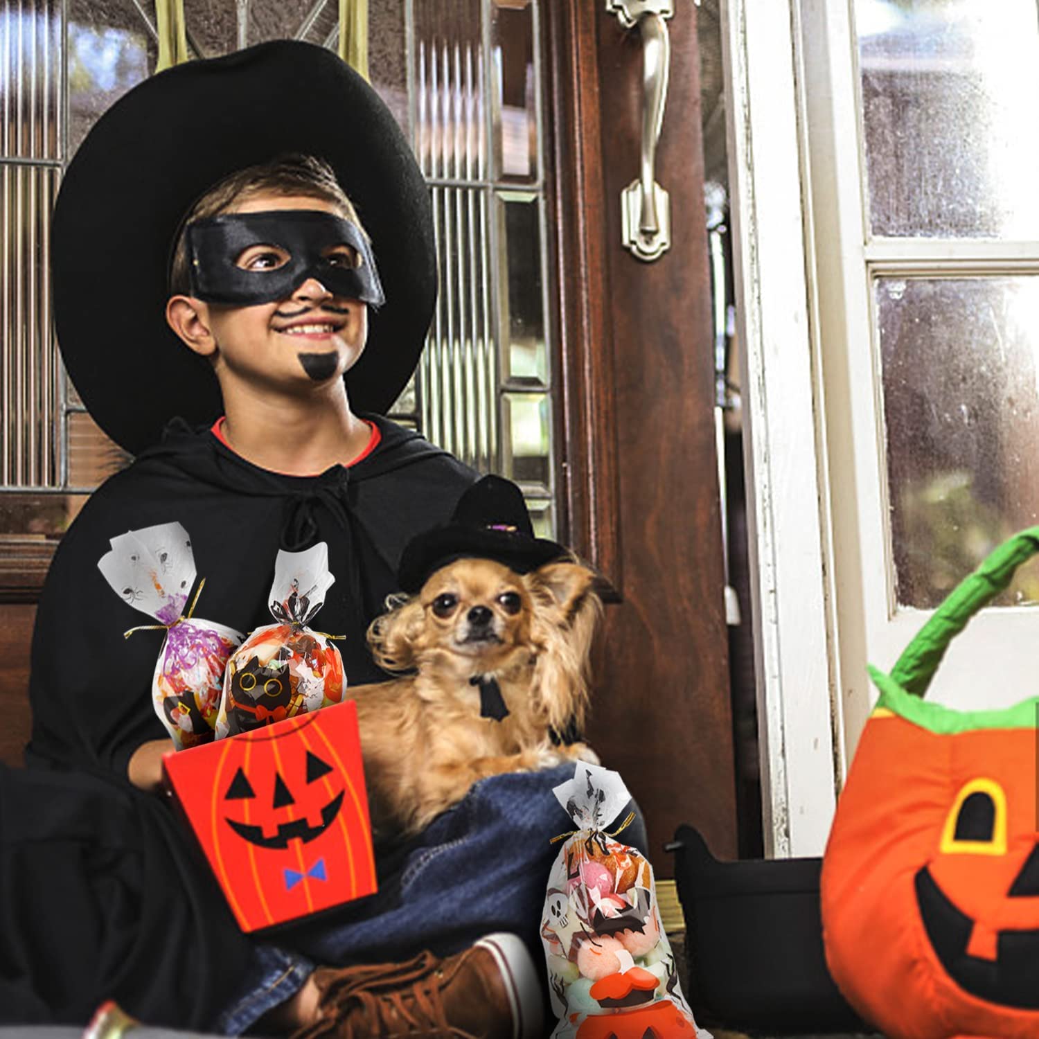 Halloween Treat Bags Set – 200 Cellophane Candy Bags with 240 Twist Ties (4 Festive Designs)