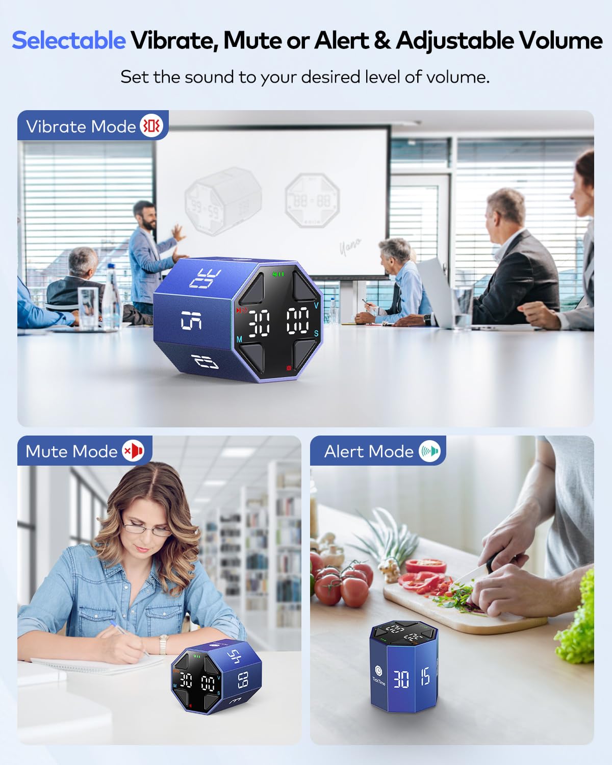 Ticktime Pomodoro Timer Cube with Custom Pomodoro, Flip Pause & Resume, Magnetic Rechargeable Desk Timer with Silent, Vibration & Adjustable Sound Alerts – Blue