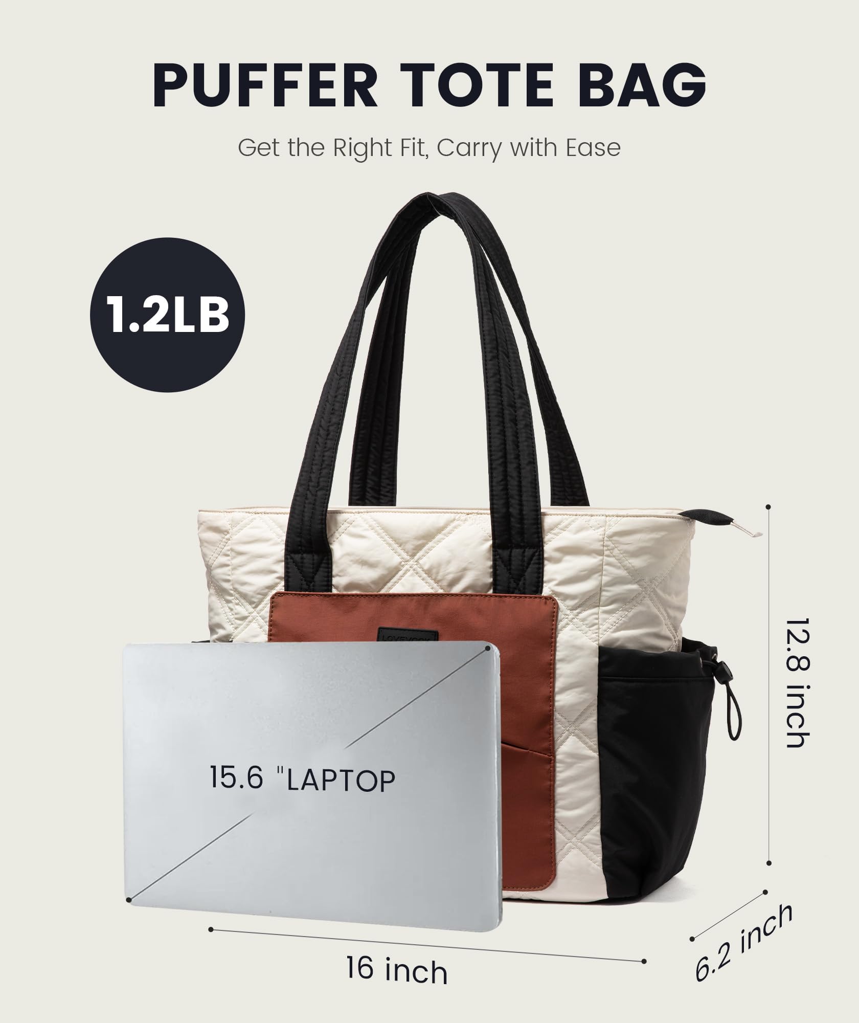 LOVEVOOK Puffer Tote Bag for Women – Quilted Work & Travel Tote with Zipper, Cup Holder & Luggage Sleeve (15.6”, Cream/Black/Brown)