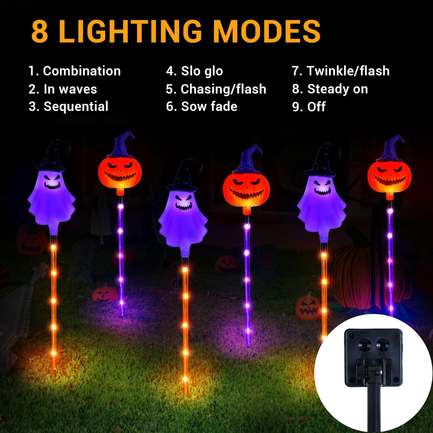 Solar Halloween Pathway Lights 2024 – 6-in-1 Purple & Orange LED Pumpkins & Ghosts with 8 Modes & Waterproof Design