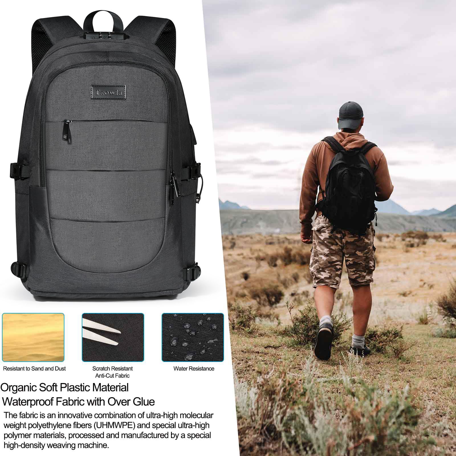 Tzowla Anti-Theft Laptop Backpack with USB Charging Port & Lock – Water-Resistant Business Travel Backpack for 15.6” Laptops (A-Black)