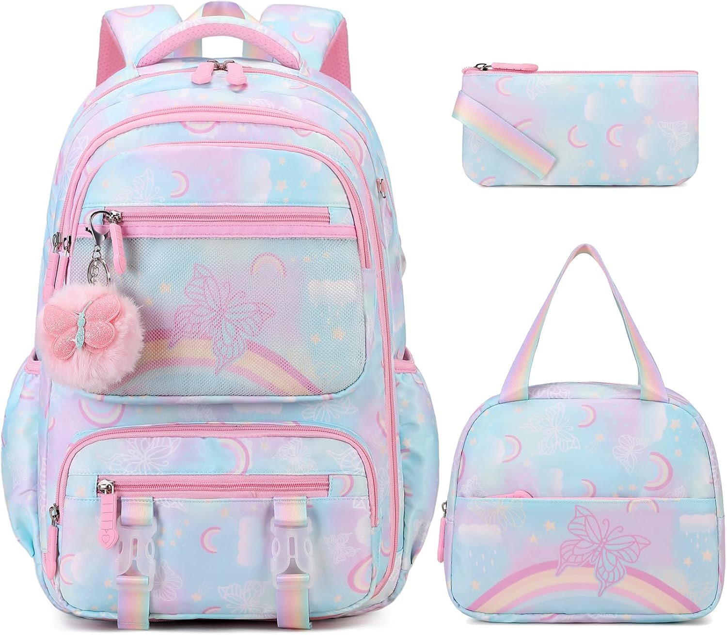 Rainbow Butterfly Backpack for Girls with Lunch Bag & Pencil Case Set, Kids School Backpack for Kindergarten, Elementary & Middle School Students