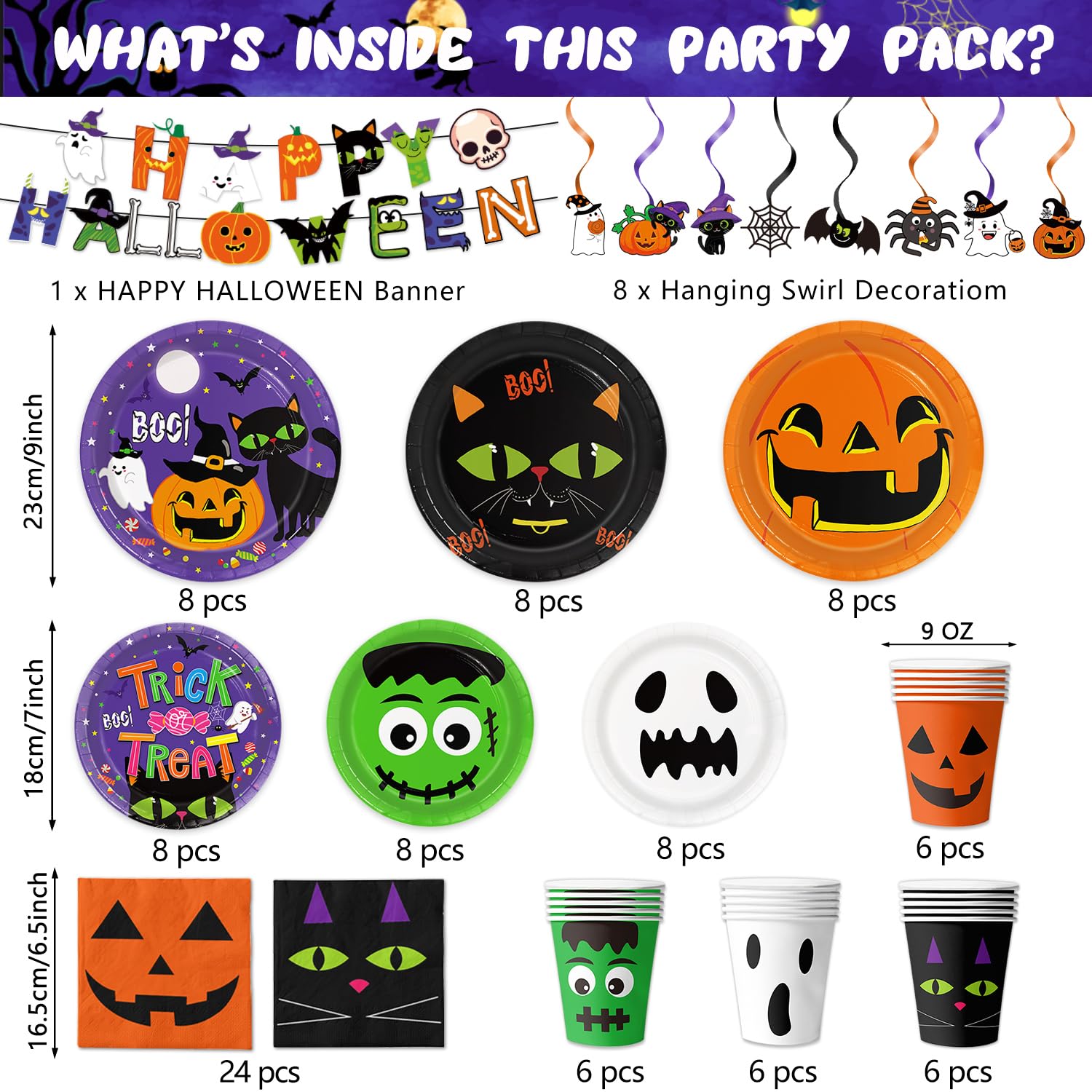 Halloween Party Supplies Set for 24 Guests – Includes Plates, Cups, Napkins, Tablecloth, Banner & Hanging Swirls – Complete Halloween Tableware & Decorations Kit