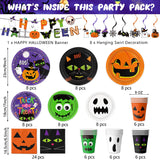 Halloween Party Supplies Set for 24 Guests – Includes Plates, Cups, Napkins, Tablecloth, Banner & Hanging Swirls – Complete Halloween Tableware & Decorations Kit