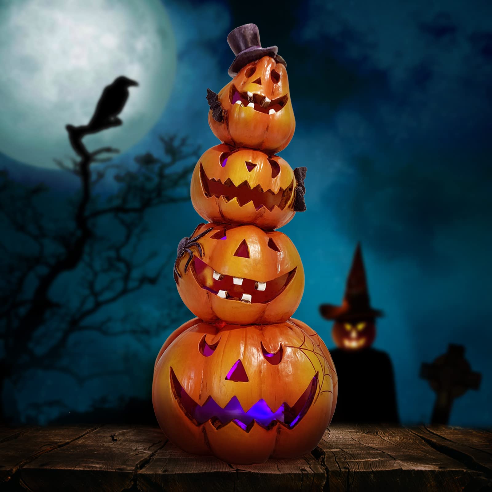 Hand-Carved Light-Up Stacked Pumpkins – 9.5" Resin Halloween Decoration with Colorful LED Glow