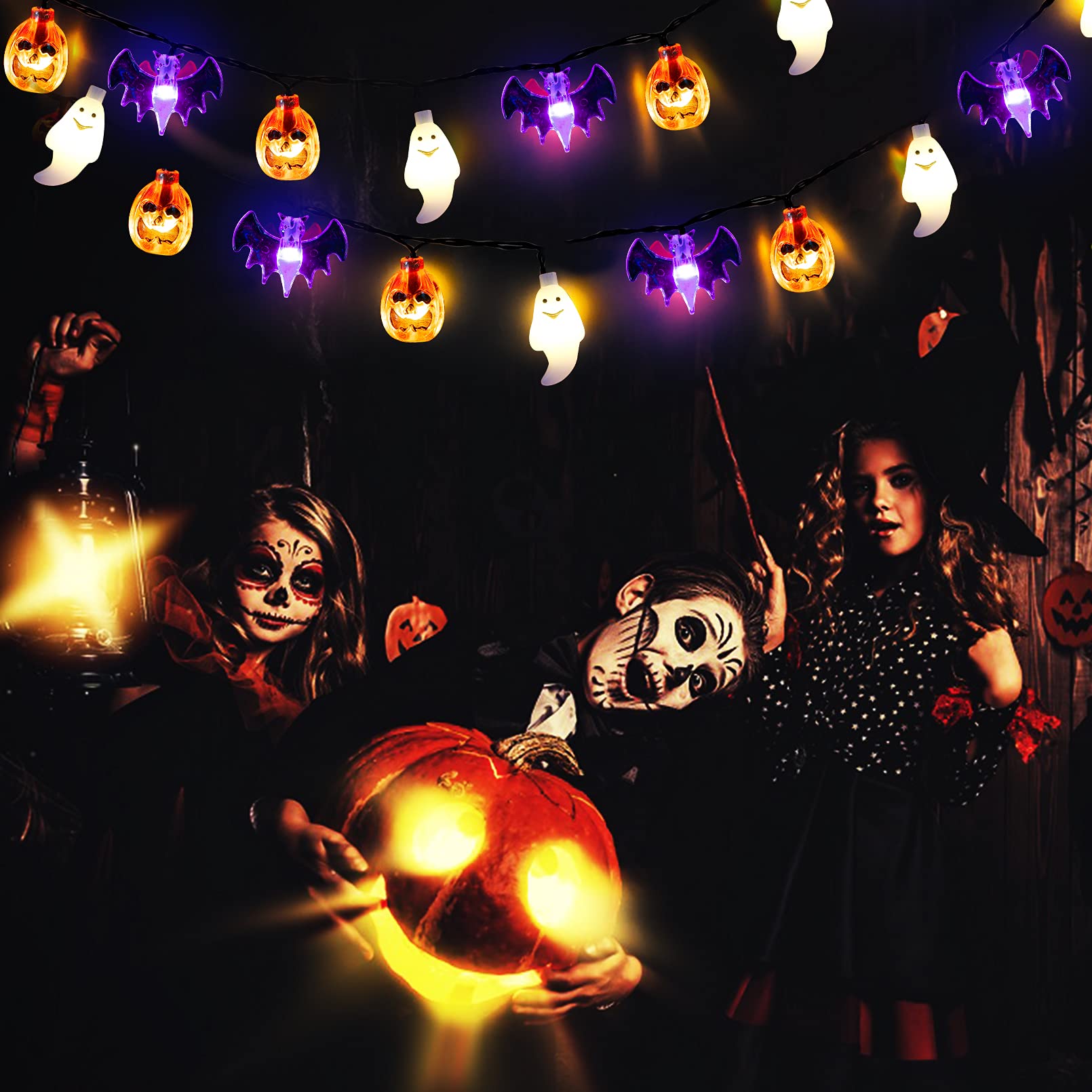 Pumpkin, Bat & Ghost Halloween String Lights – 30 LED 20Ft Battery Operated Waterproof Lights with Timer & 8 Lighting Modes (Indoor/Outdoor Décor)