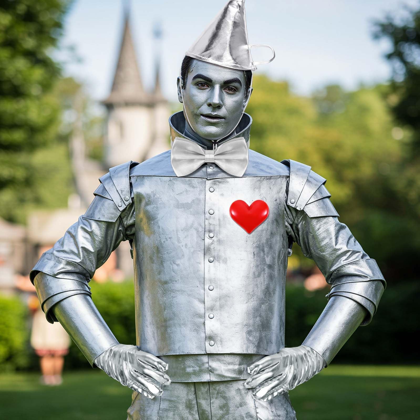Tin Man Costume Accessory Set – Silver Funnel Hat, Axe, Gloves & Heart Patch 🌪️❤️✨