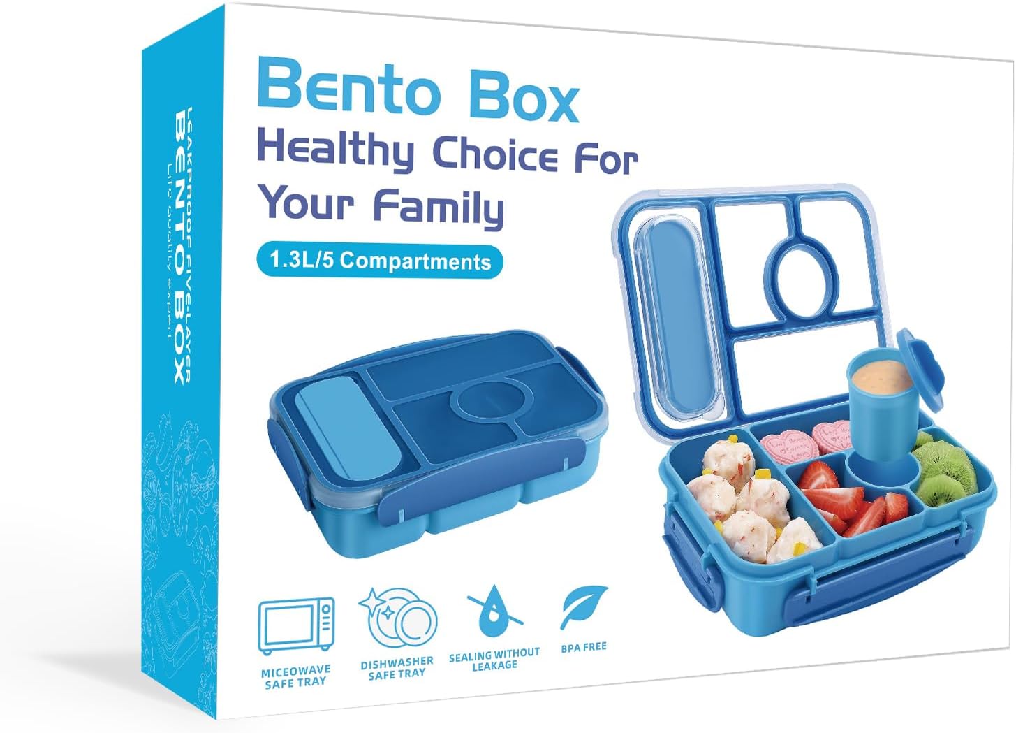 Blue 5-Compartment Bento Box with Sauce Container