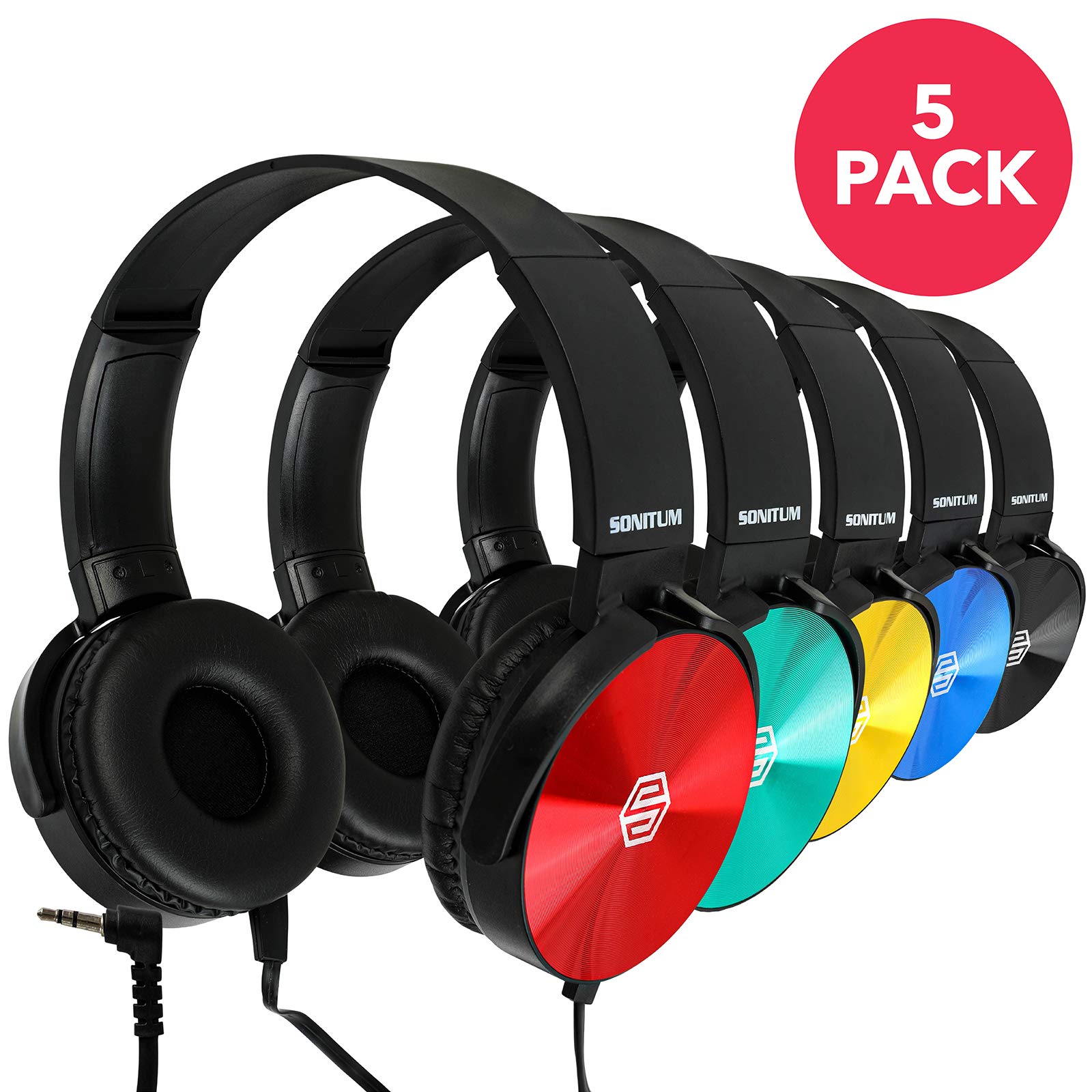 Kids Headphones Bulk 5 Pack – On-Ear Student Classroom Headphones with 3.5mm Jack