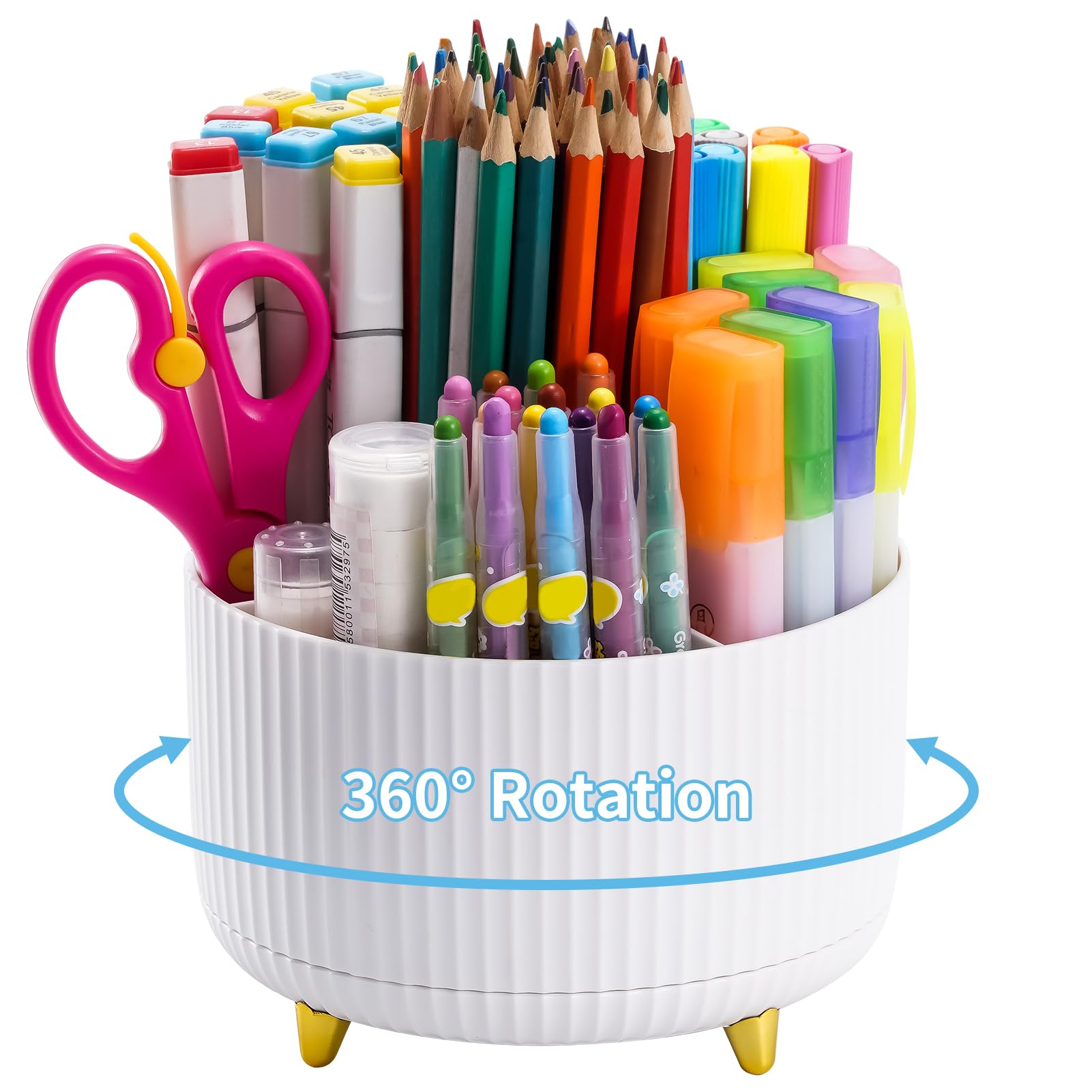 MARBRASSE 360° Rotating Desk Organizer – 5-Compartment Pen Holder & Desktop Storage Caddy for Office & Home