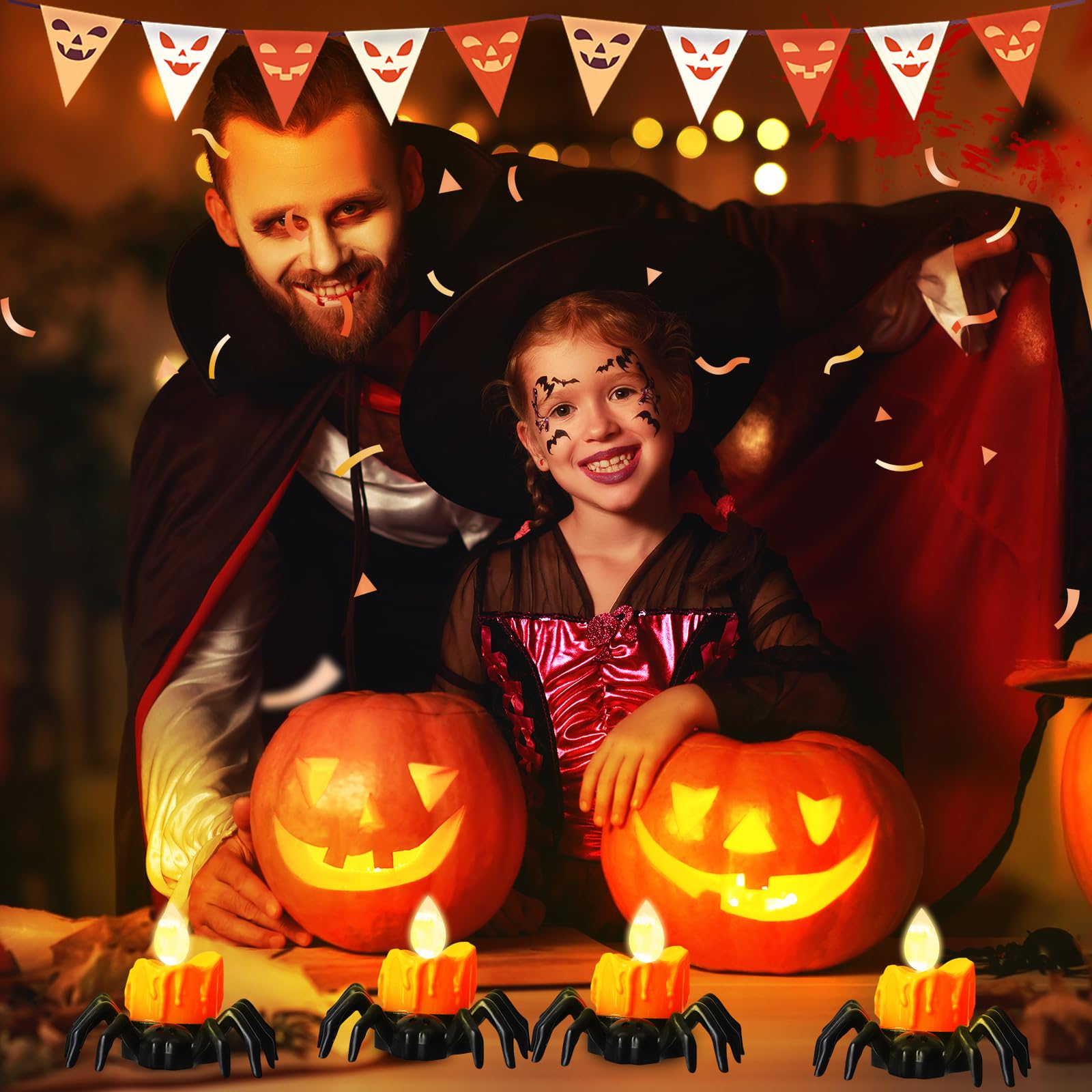 Flameless Halloween Spider Tealight Candles – 6 Black Spiders with Orange LED Lights for Creepy Party Decor