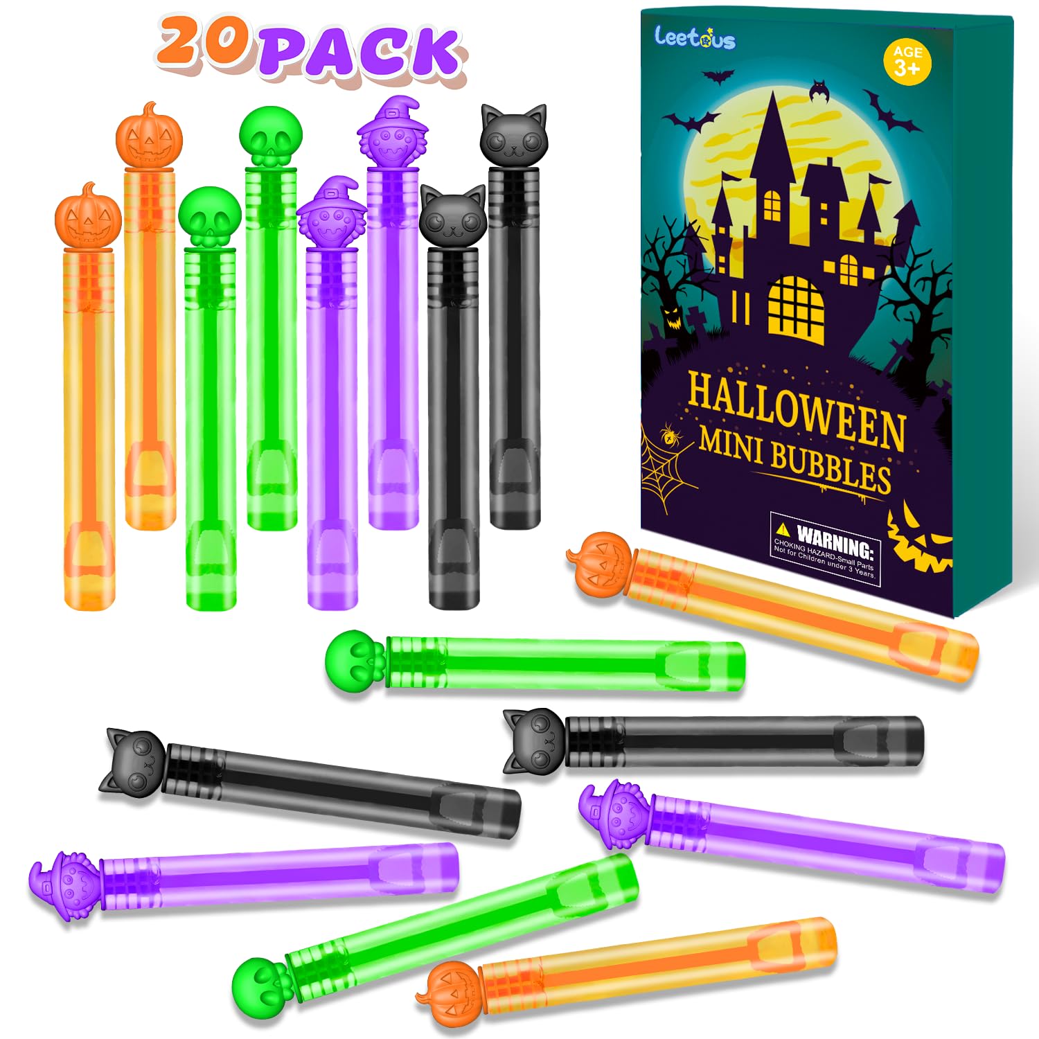 Halloween Mini Bubble Wands – 20-Pack Pumpkin, Witch, Skull & Cat Bubble Toys for Kids, Leak-Proof & Non-Toxic