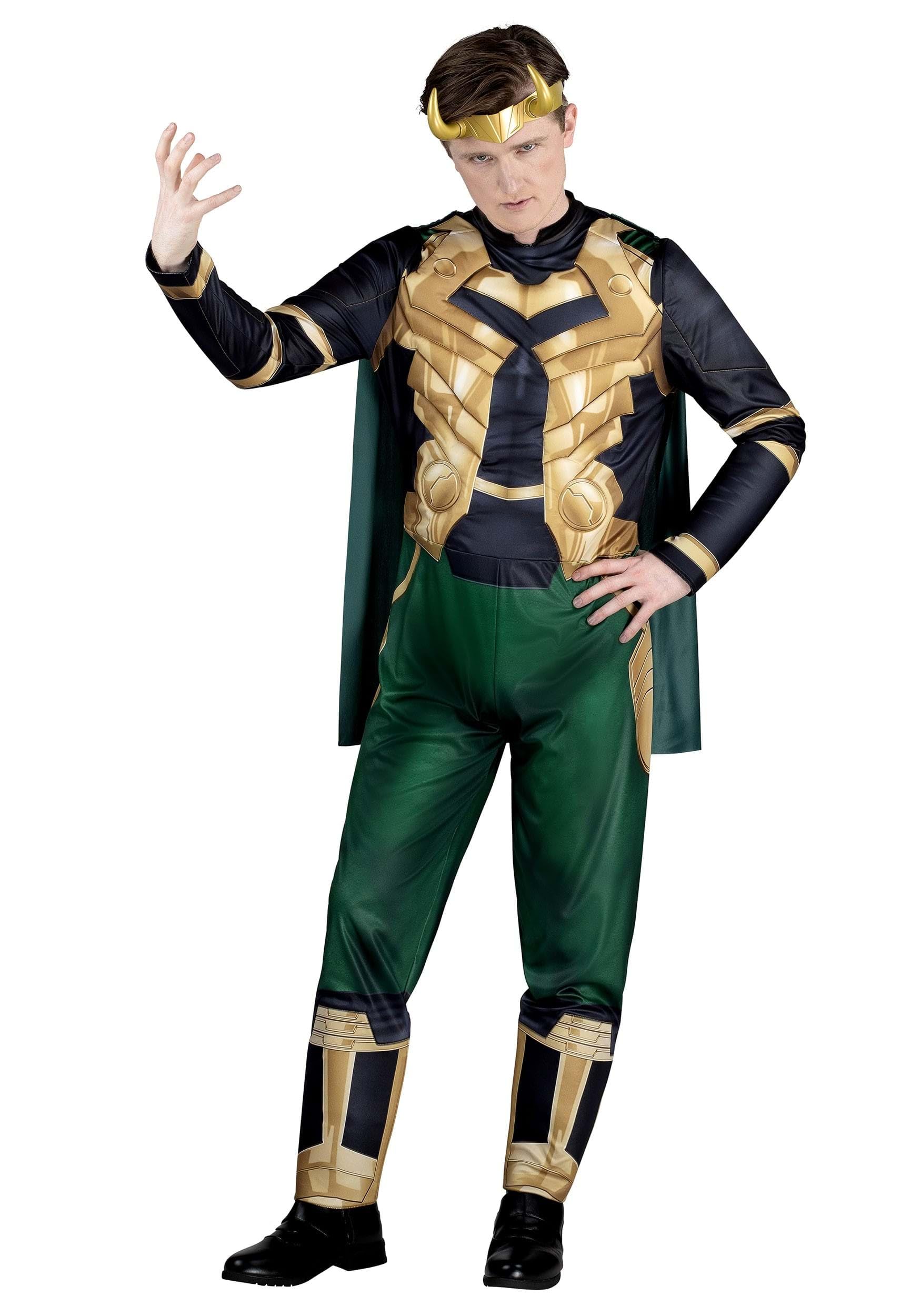 Marvel Loki Costume for Men – Deluxe Green & Gold Jumpsuit with Cape & Horned Headband for Halloween & Cosplay