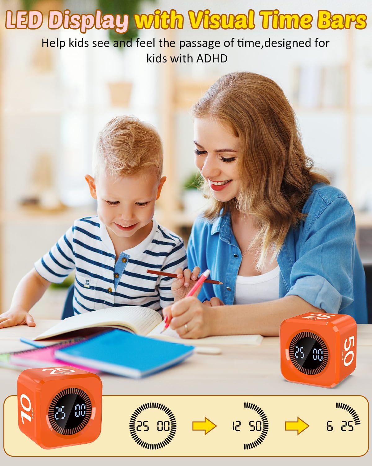 Kids Pomodoro Flip Cube Timer with Visual LED Time Ring, Silent Focus Mode & USB-C Rechargeable – Orange