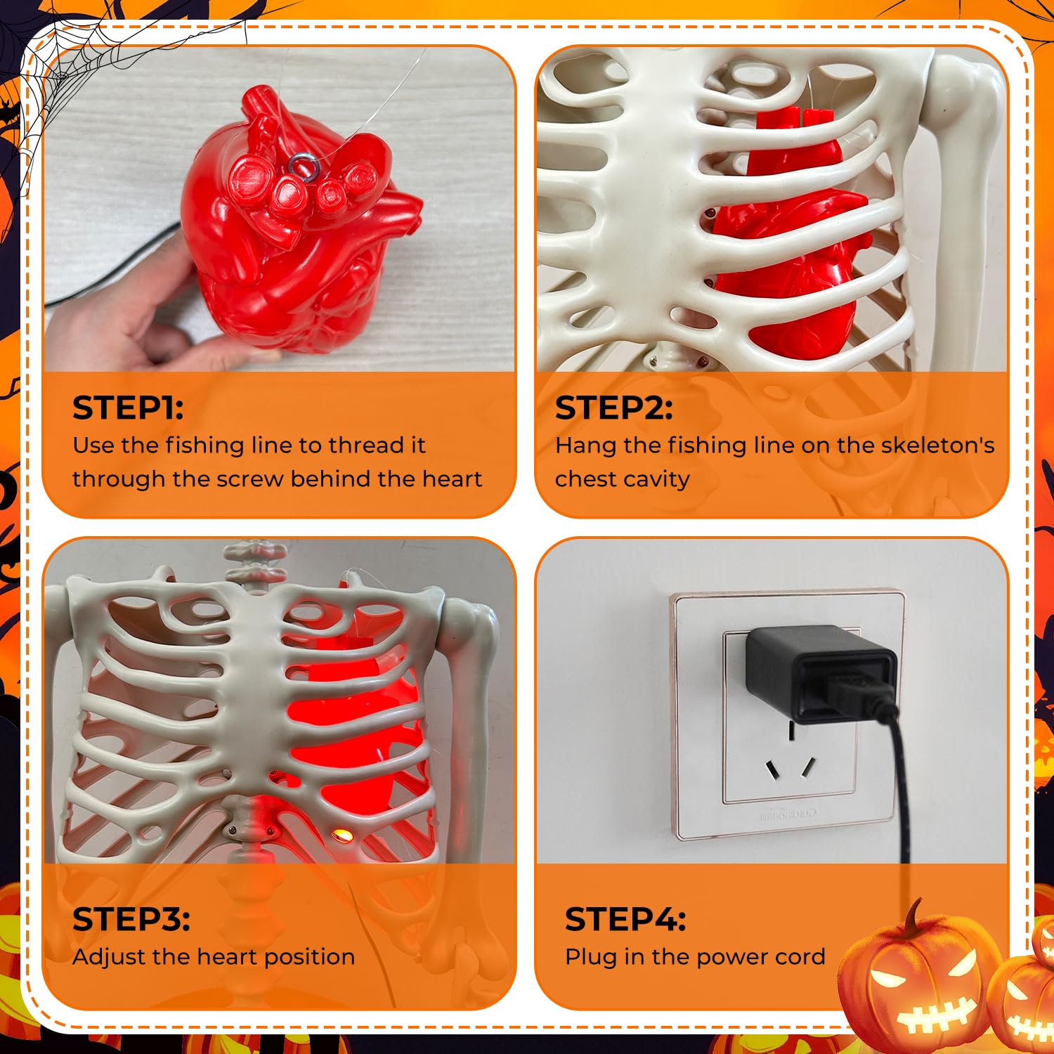 Red LED Beating Heart Prop (2-Pack) – Life-Sized Light-Up Skeleton Heart with Timer & Plug-In Power