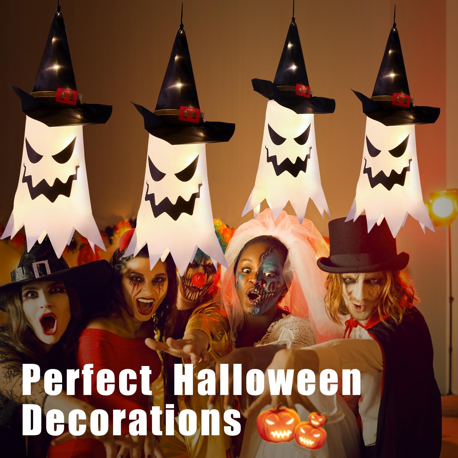 Halloween Lighted Ghost Witch Hats – 4 Pack Hanging LED Decorations with 3 Flash Modes for Indoor & Outdoor Use (Warm White)