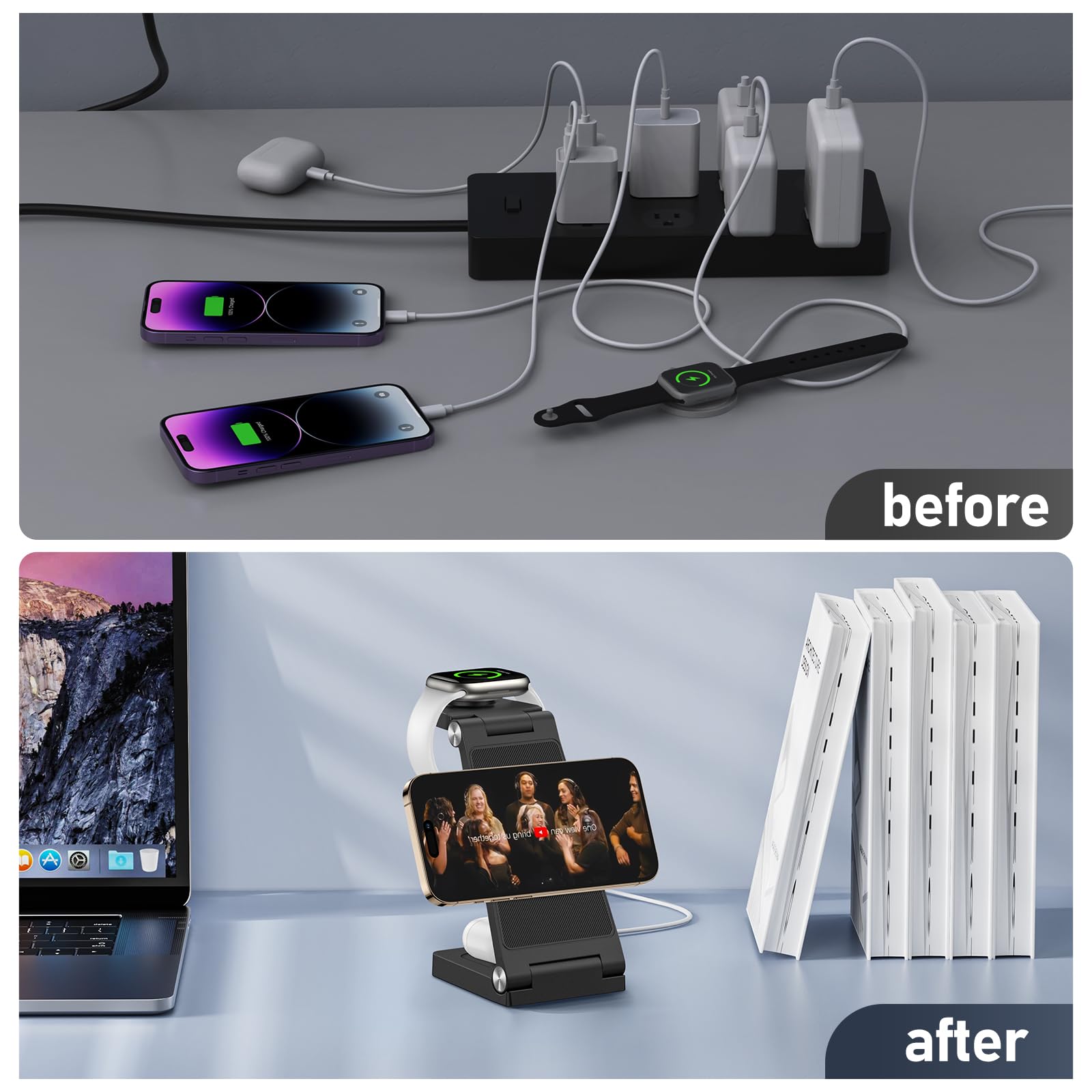 MagSafe 3-in-1 Foldable Wireless Charging Station with 20W Fast Adapter – Magnetic Travel Charging Dock Black