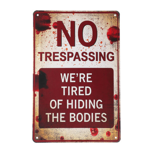 Vintage “No Trespassing” Metal Halloween Sign – Rust-Proof Red & White Scary Wall Decor for Indoors & Outdoors