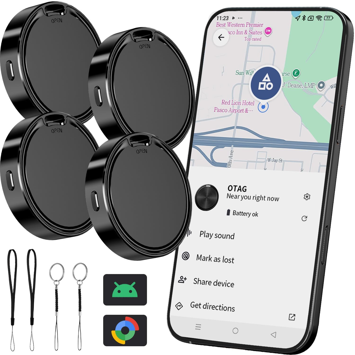 Android Compatible Bluetooth Tracker Tag with Find Hub Support, Loud Sound Alert & Replaceable Battery – Black