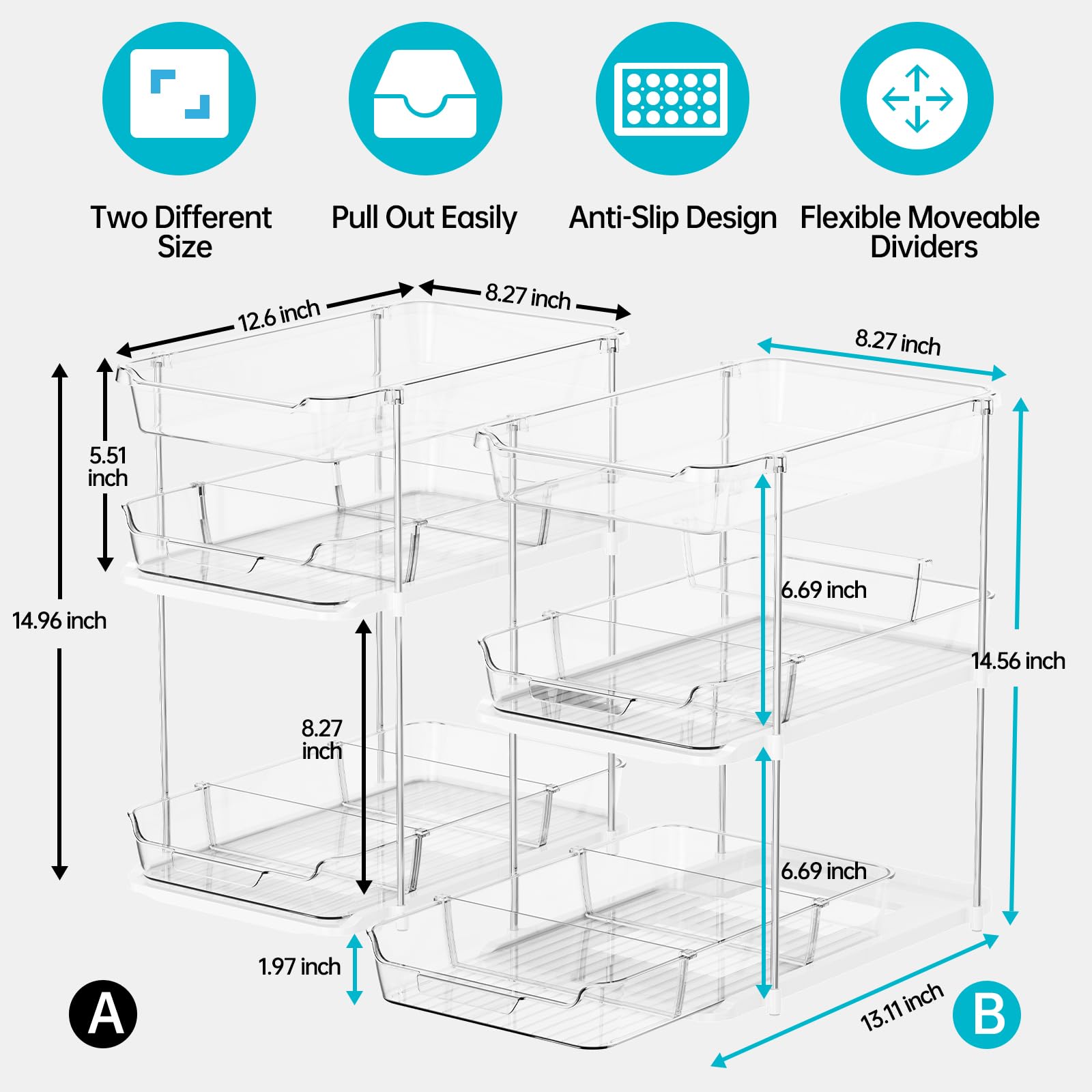 Delamu Modular 3-Tier Pull-Out Under Sink Organizer Set – Stackable Clear Storage System for Kitchen & Bathroom (White)