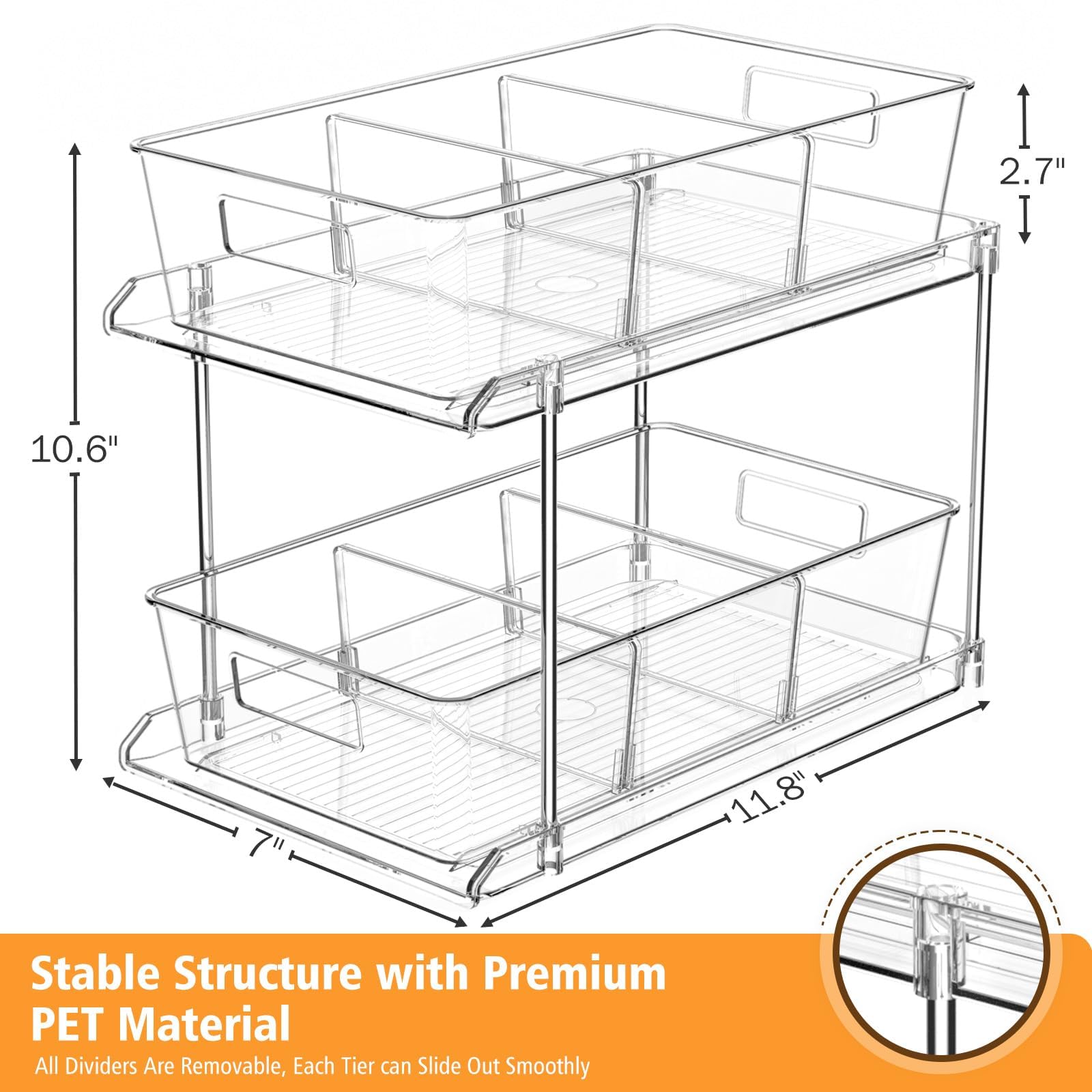 FabSpace 2-Pack 2-Tier Clear Pull-Out Organizers – Modular Drawer Storage with Dividers for Home & Vanity