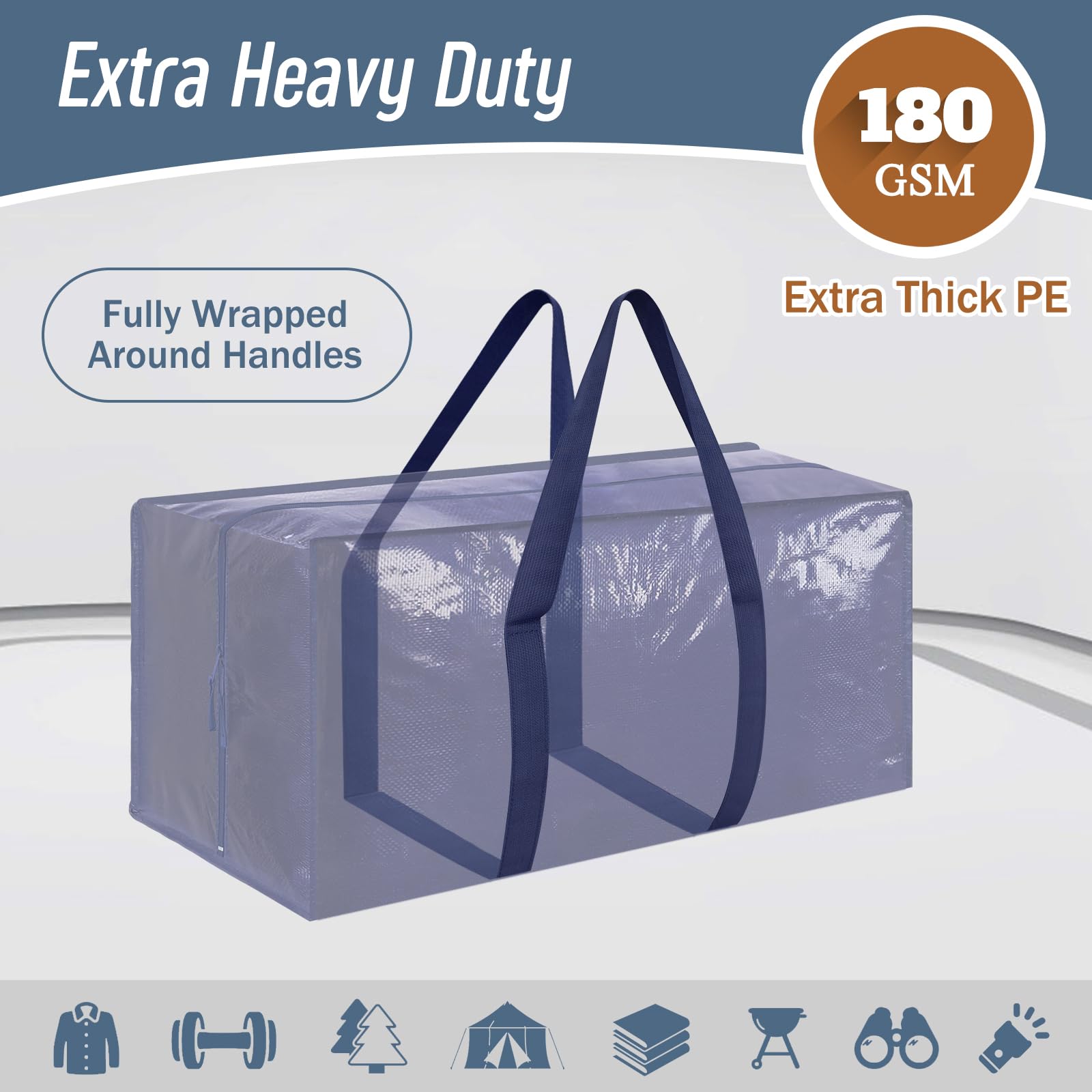 Extra Heavy-Duty Large Moving Bags (6-Pack) – 23+ Gallon Storage Totes with Strong Zippers & Comfortable Handles, Dark Blue