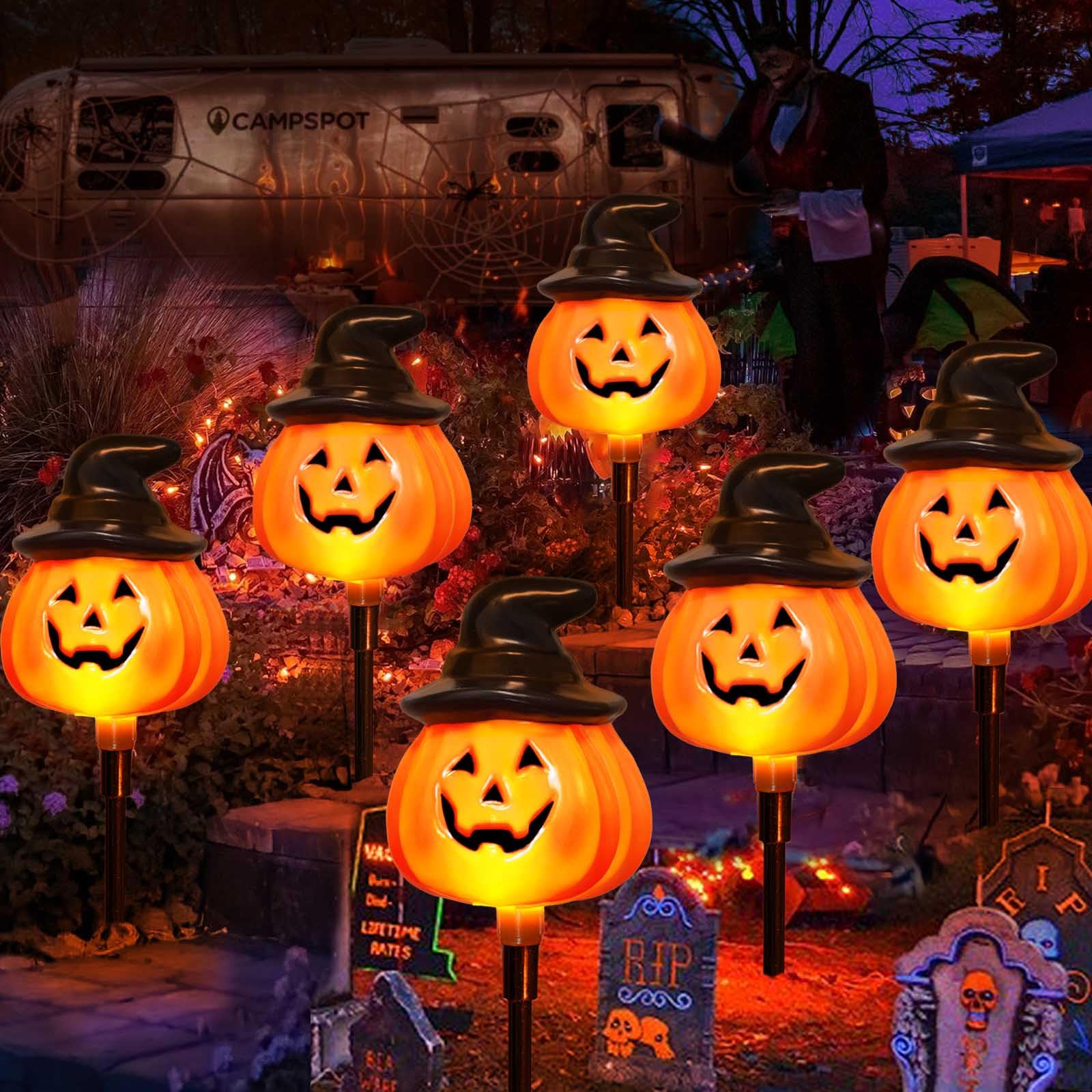 Solar Pumpkin Pathway Lights with Witch Hat – Outdoor Halloween Decorations with 8 Modes & Warm White LEDs (Orange, 2-Pack)