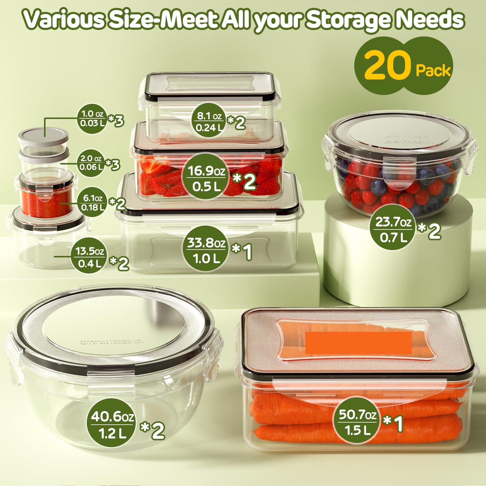 Food Storage Containers with Lids – 20-Piece BPA-Free Airtight Leakproof Set (Multi-Size)
