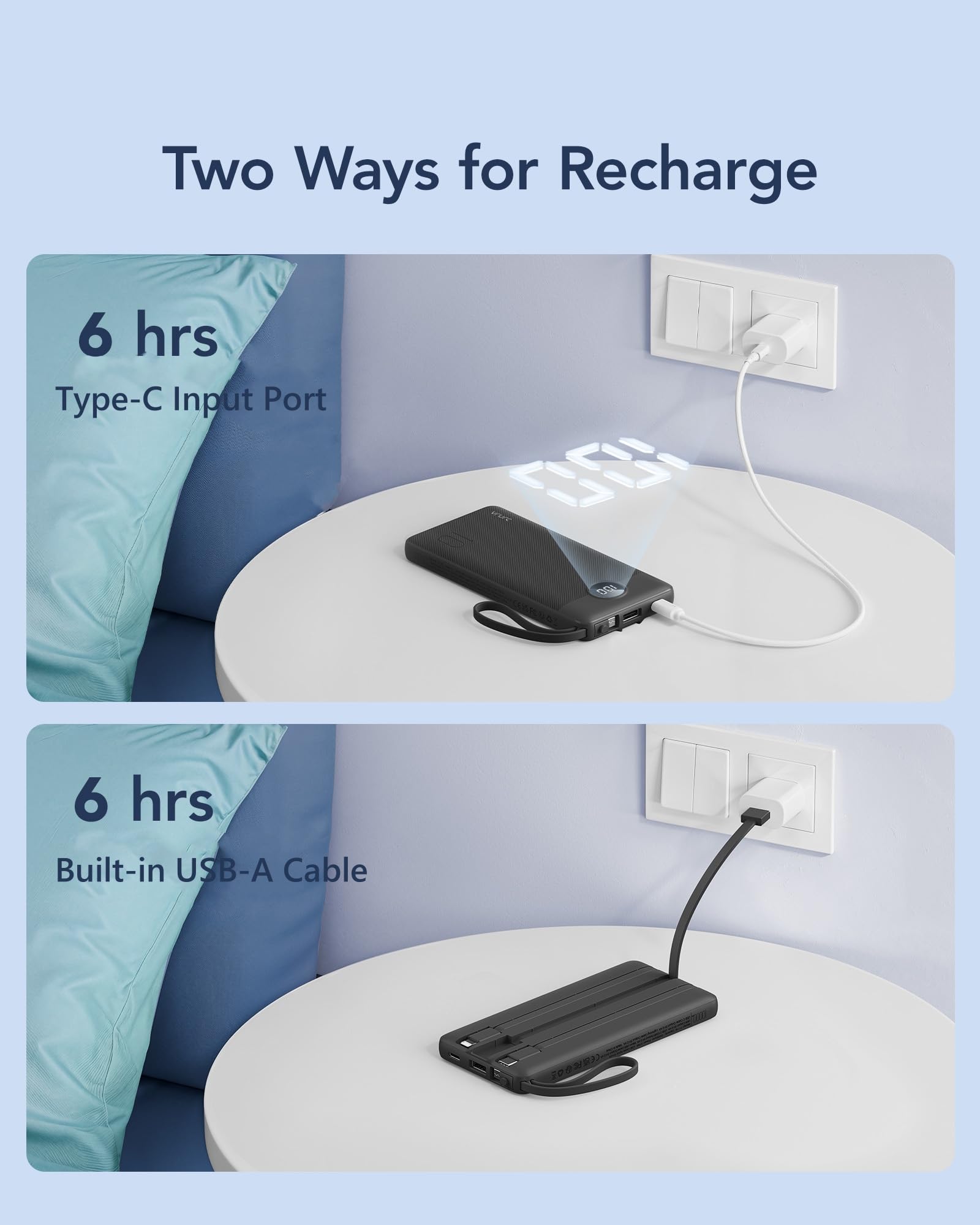 Ultra Slim 10000mAh Power Bank with Built-In Cables & LED Display – Fast Charging Portable Battery Pack (Black)