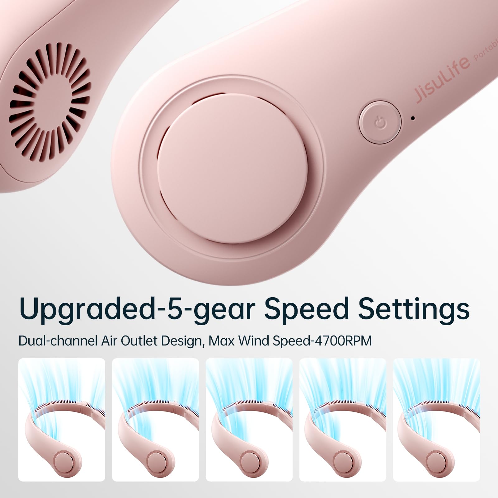JISULIFE Bladeless Neck Fan – Hands-Free Wearable Personal Fan with 5 Speeds & Long Battery (Pink)