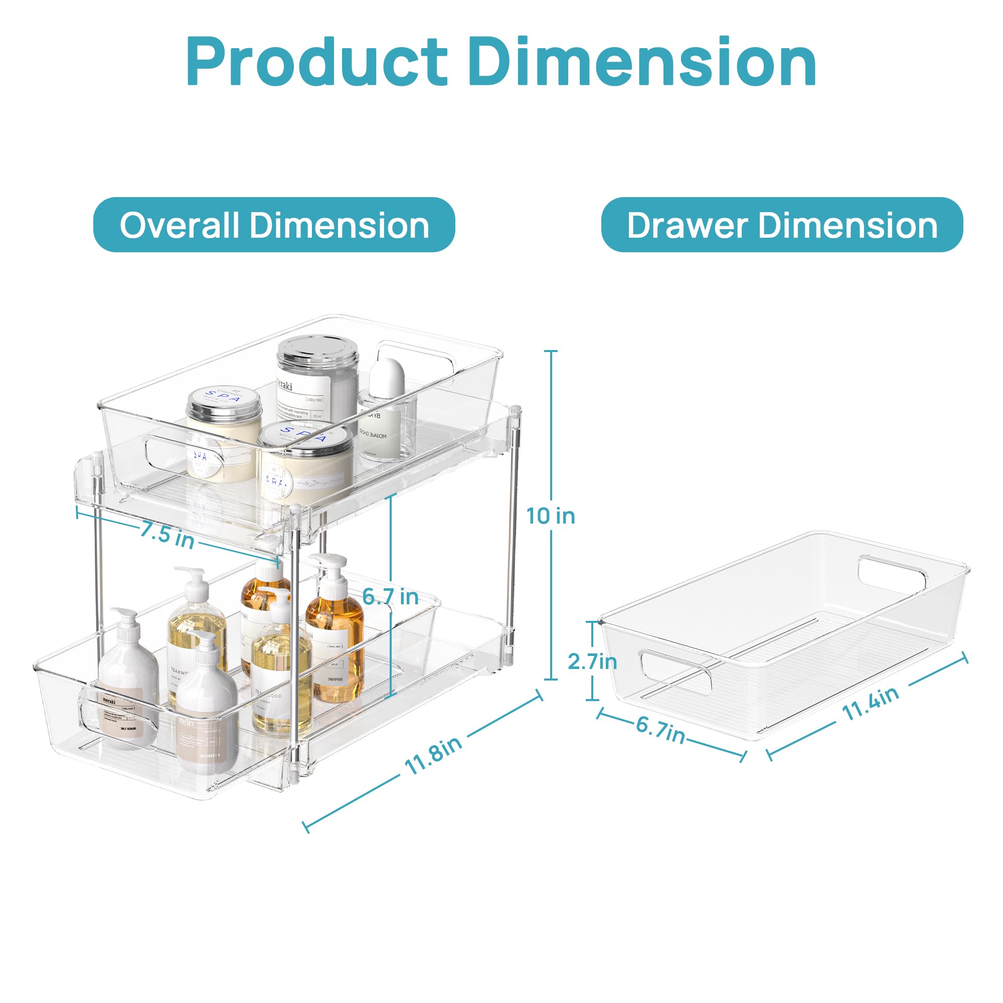 2-Tier Under Sink Organizer with Slide-Out Drawers – Clear Bathroom & Kitchen Storage Rack with Handles