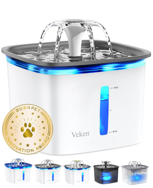 Veken Award-Winning Pet Water Fountain – BPA-Free 5-Stage Filtration with LED Water Level Window