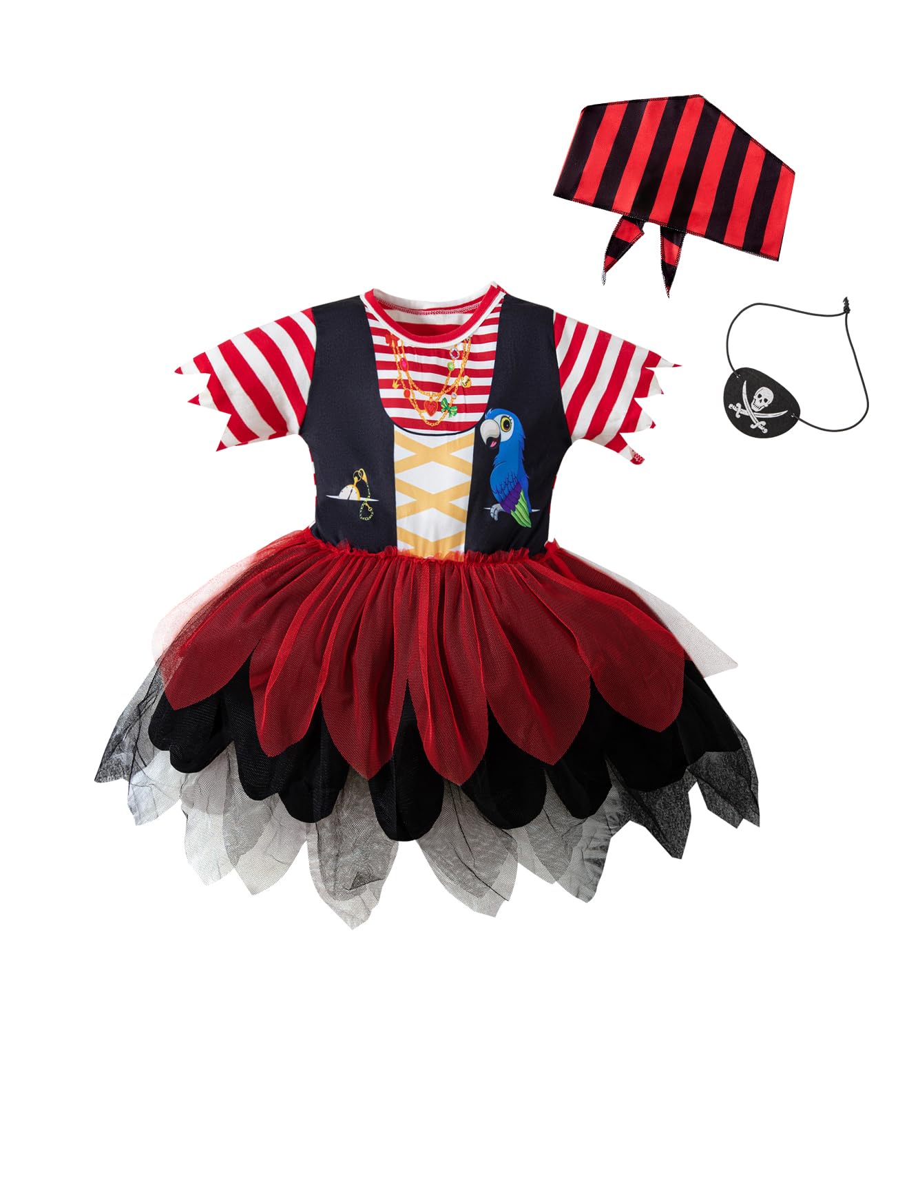 Mommy’s New Man Pirate Costume – Adorable Toddler & Baby Girl Buccaneer Tutu Dress with Head Scarf and Eye Mask (Red)