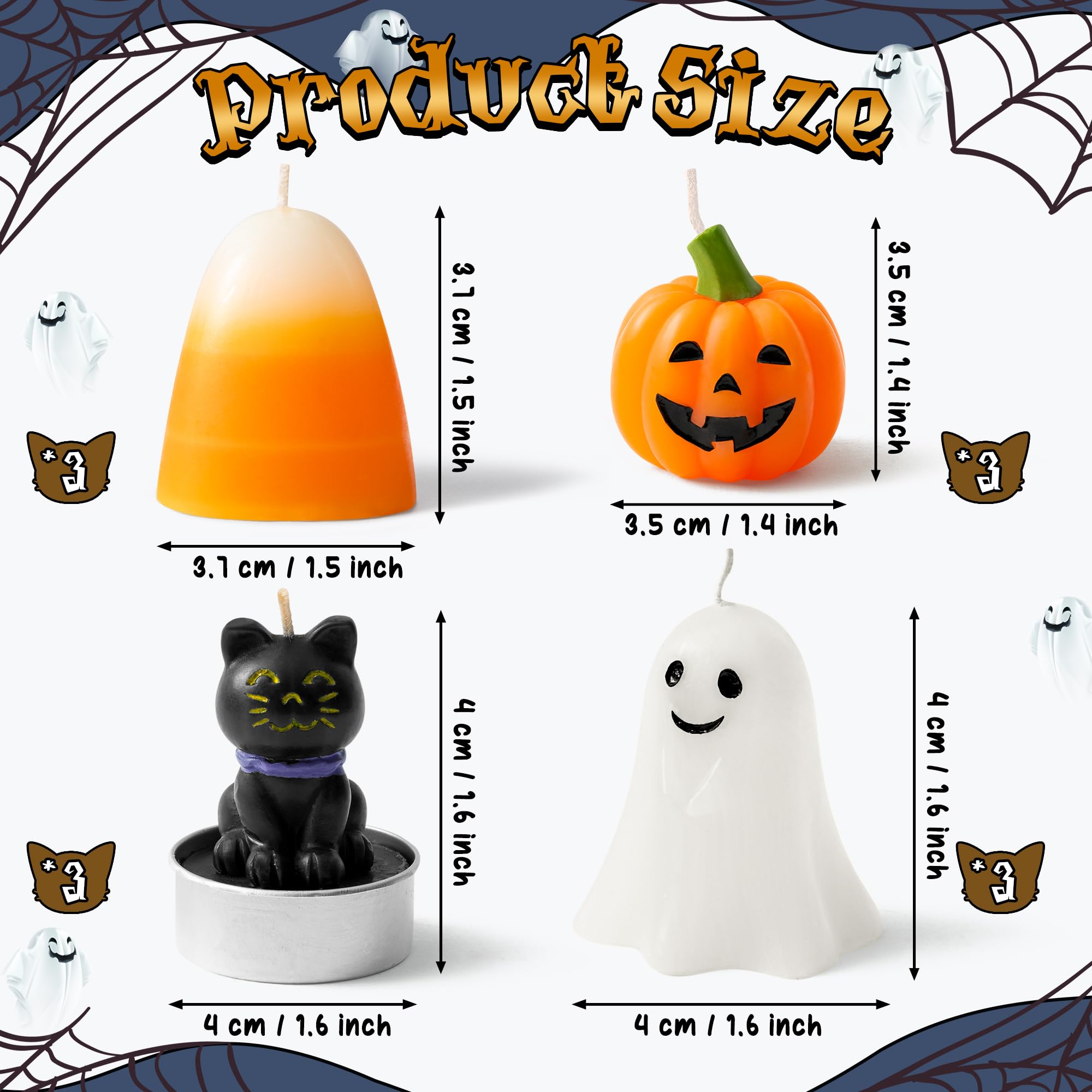 12 Pcs Halloween Mini Candles Set 🎃 Ghost, Pumpkin, Candy Corn & Black Cat Designs – Multicolor Wax Tealights for Fall & Party Decor