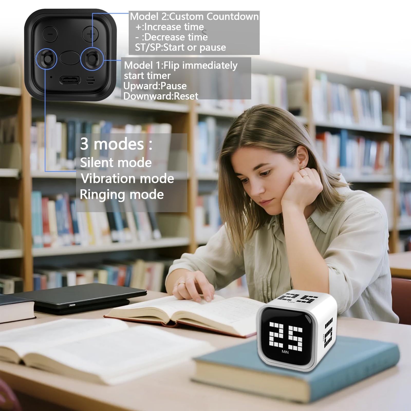 Rotating Focus Timer with Flip Control, True Pomodoro Presets & Custom Countdown, Silent Vibration Desk Timer for Work, Study & Kitchen – Black