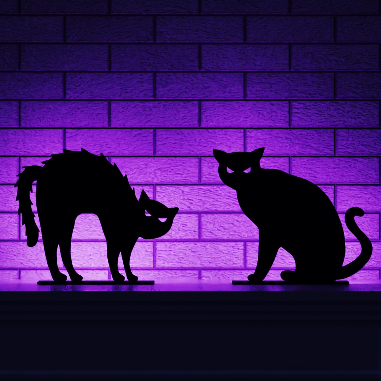 2PCS Halloween Black Cat Wooden Decorations with Purple LED Lights – Spooky Tabletop Décor for Indoor & Outdoor Displays