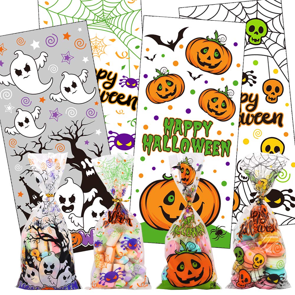200-Pack Halloween Cellophane Treat Bags with 400 Twist Ties – Pumpkin, Ghost & Spider Designs (5x11 in)