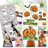 200-Pack Halloween Cellophane Treat Bags with 400 Twist Ties – Pumpkin, Ghost & Spider Designs (5x11 in)