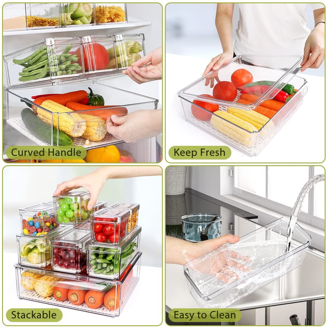 Clear Refrigerator Organizer Bins – 10 Pack Stackable Pantry & Fridge Storage Containers with Drain Tray