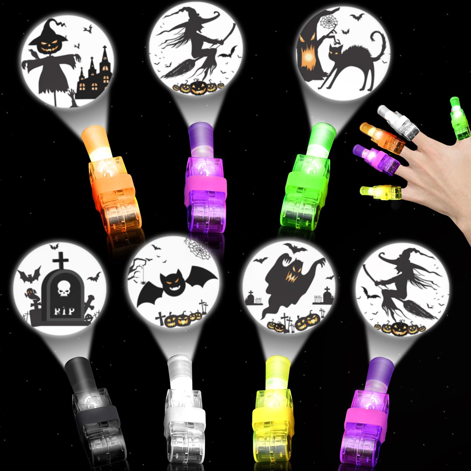 Halloween LED Finger Lights – 36 Pcs Glow-in-the-Dark Finger Projectors for Kids (6 Colors & Designs)