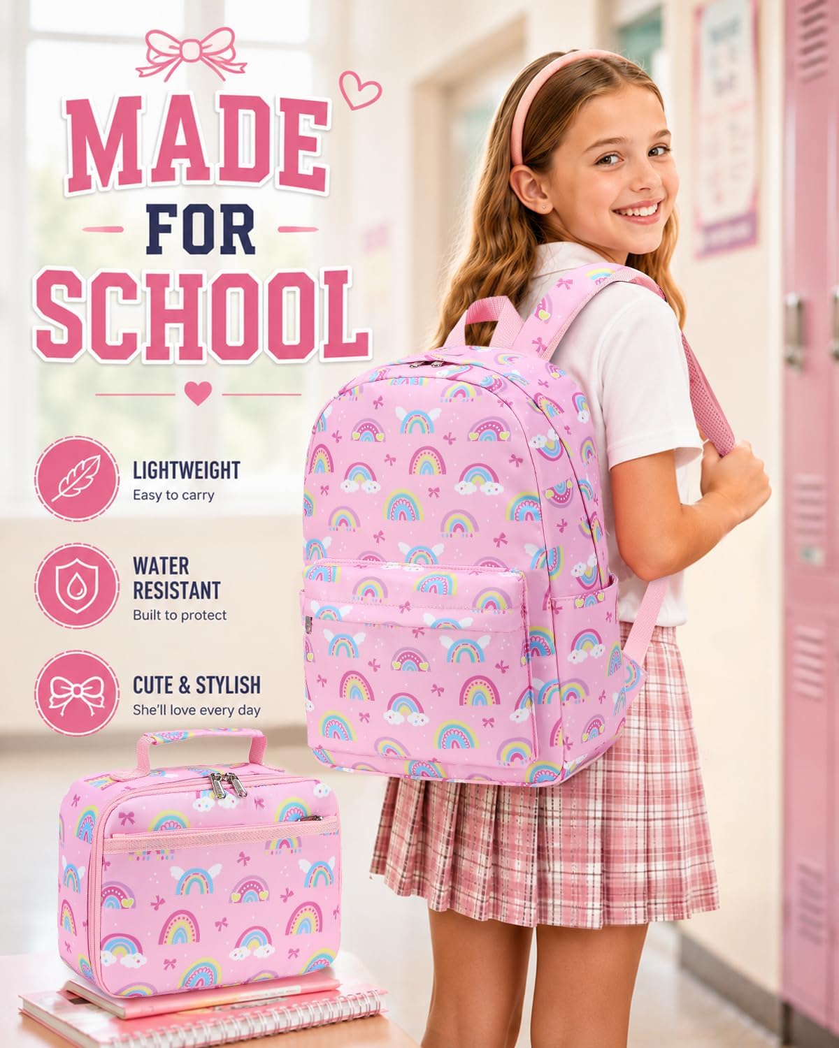 Pink Rainbow School Backpack Set with Matching Lunch Bag