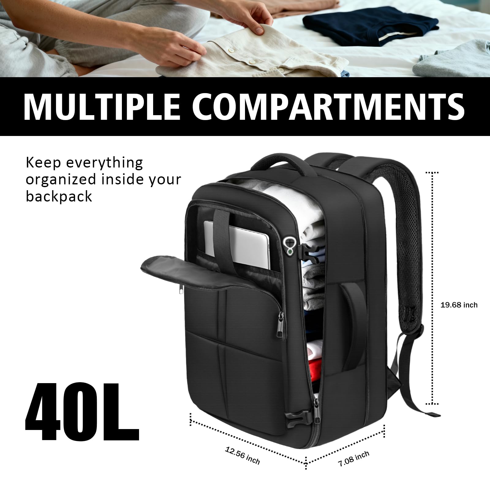 TAZBUZO 50L Expandable Travel Backpack – Extra Large Carry-On Laptop Backpack Fits Up to 18.4” Laptop (Black)