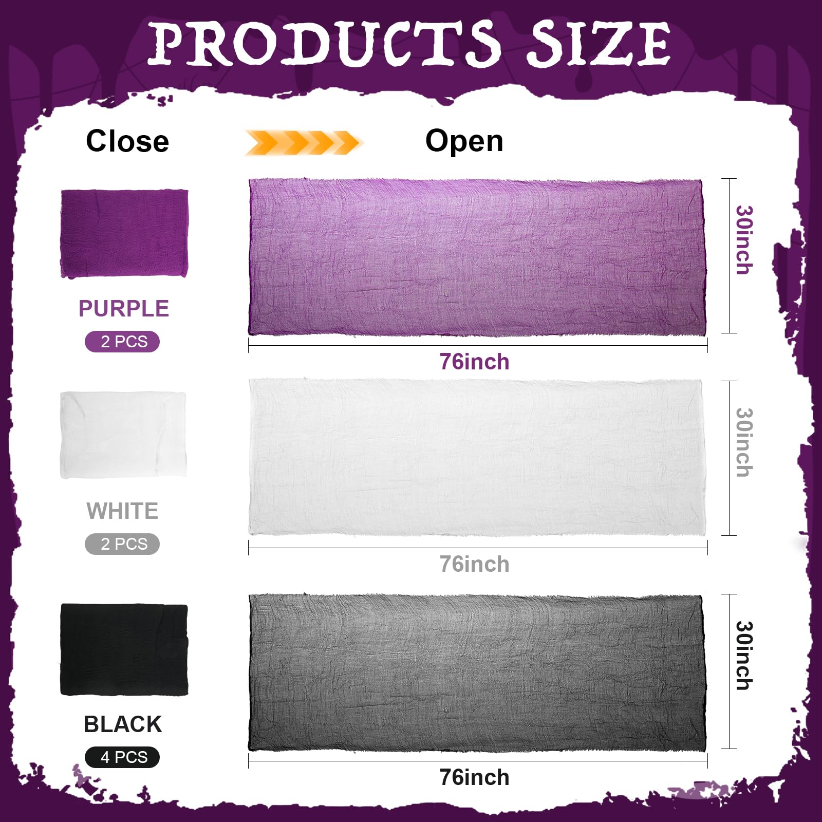 Halloween Creepy Cloth Set – 8 Pack Stretchable Gauze Fabric in Black, White & Purple for DIY Haunted Decorations (30x70 Inches Each)