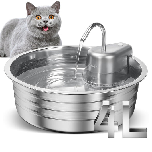 4L Stainless Steel Cat & Dog Water Fountain with Quad Filtration, Ultra Quiet Pump & High-Capacity Automatic Pet Hydration System – Silver