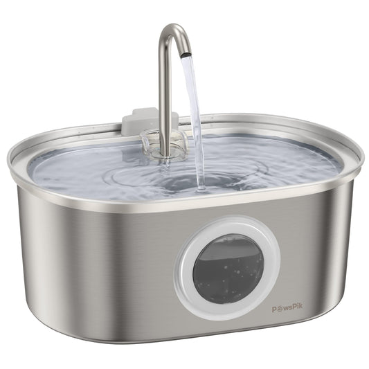 PawsPik 18/8 Stainless Steel Cat Water Fountain 13.5 Cups – Ultra Quiet Filtered Drinking System