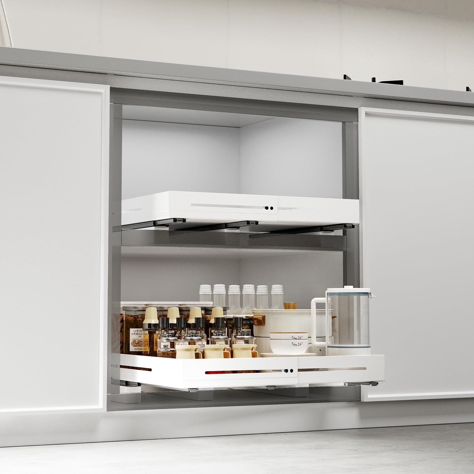 AMZAGE Adjustable Pull-Out Cabinet Organizer with Raised Base – No-Drill Slide-Out Drawer for Framed Cabinets (White)