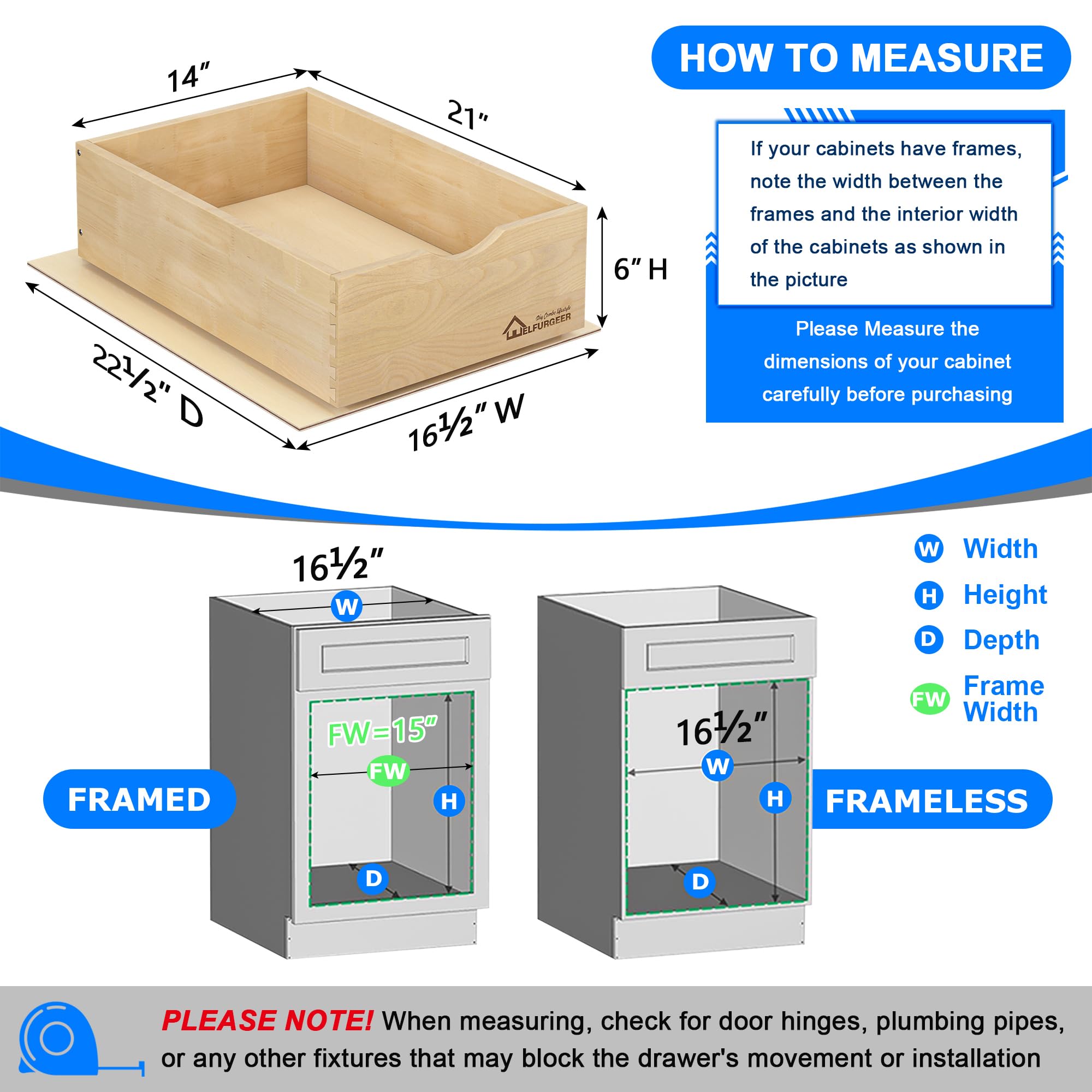 Premium Birchwood Pull-Out Cabinet Drawer with Soft-Close Slides – Heavy-Duty Slide-Out Shelf for Kitchen Cabinets (14” W x 21” D)