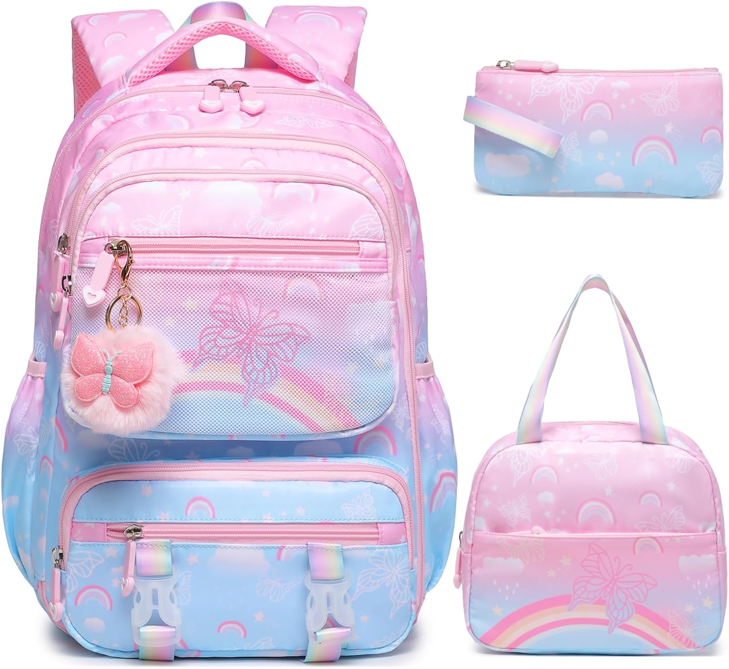 Rainbow Butterfly Backpack for Girls with Lunch Bag & Pencil Case Set, Kids School Backpack for Kindergarten, Elementary & Middle School Students